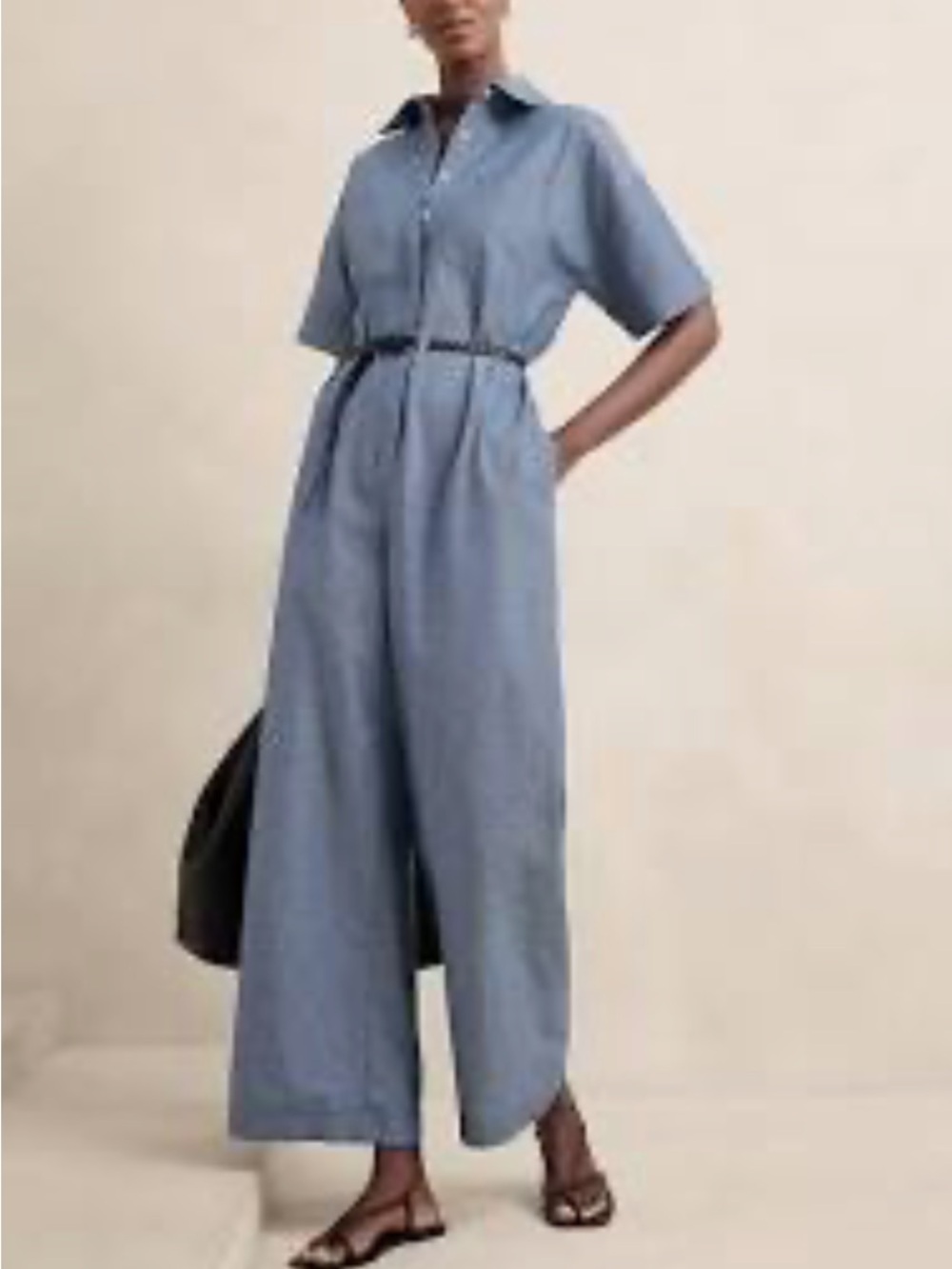 Banana Republic Tie Waist Wide Leg Chambray Short-Sleeve Jumpsuit Size 12 Cotton